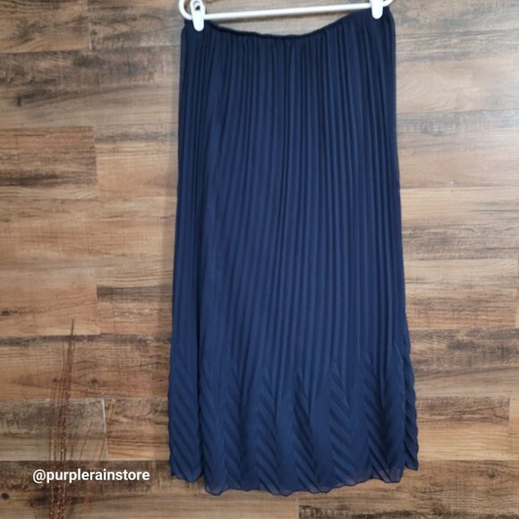 Vtg Cal Style Chiffon Accordion Pleated Maxi Skirt L Navy Stretch Waist 90's - Picture 2 of 7